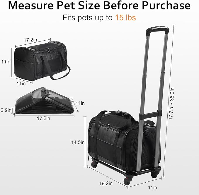 Airline Approved Pet Carrier with Wheels, Rolling Soft Sided Dog Cat Travel Bag, Premium Fashion Leather Small Pet Carrier Purse for Puppies and Cats Black