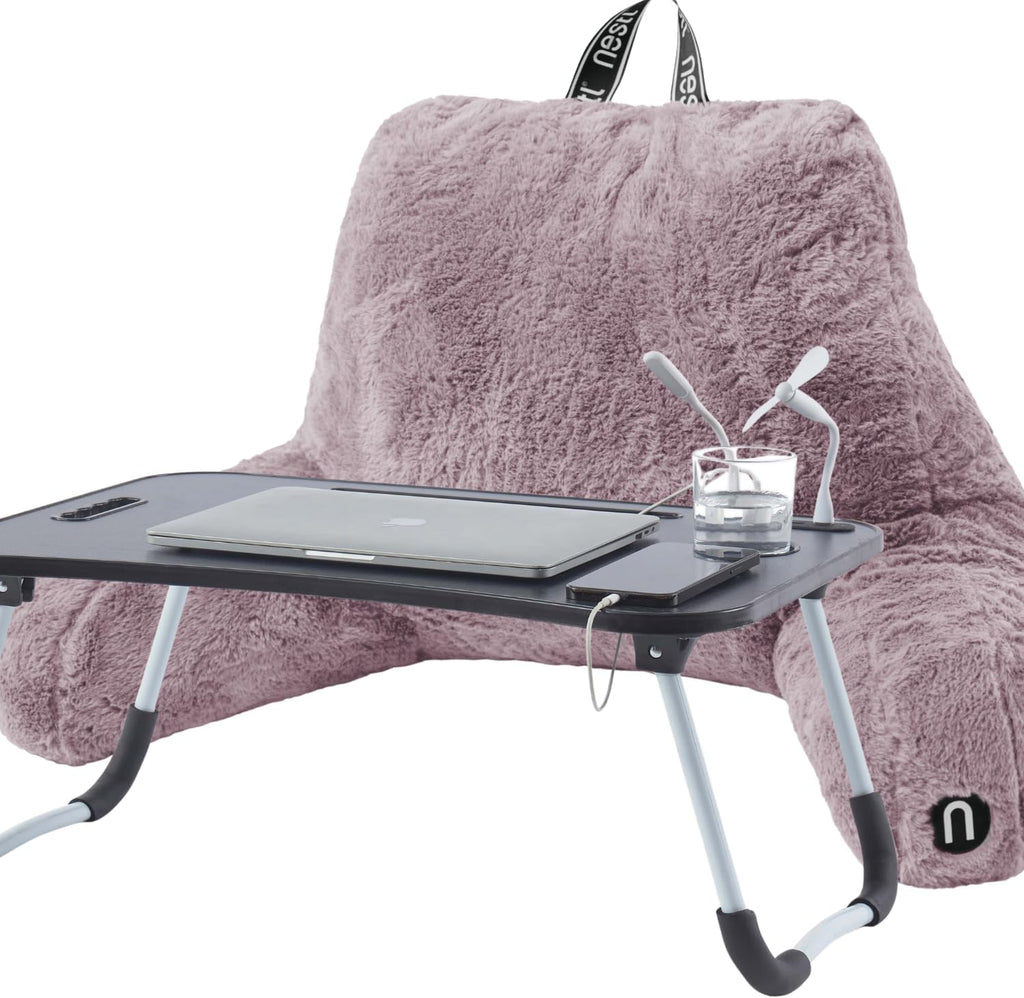 Nestl Fur Reading Pillow with Laptop Lap Desk, Stylish Back Pillow for Sitting Up, Lap Desk with Reading Pillows for Sitting in Bed Adult & Kids, Faux Fur Chair Pillow with Arms - Dusty Purple