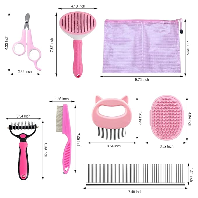 Pet Grooming Brush Set 7 In 1 Self Cleaning Slicker Brush, Flea Combo, Dog Bath Brush & Double Sided Undercoat Rake Brush With Pet Grooming Kit Hair Massaging Shell Comb For Cats And Dogs