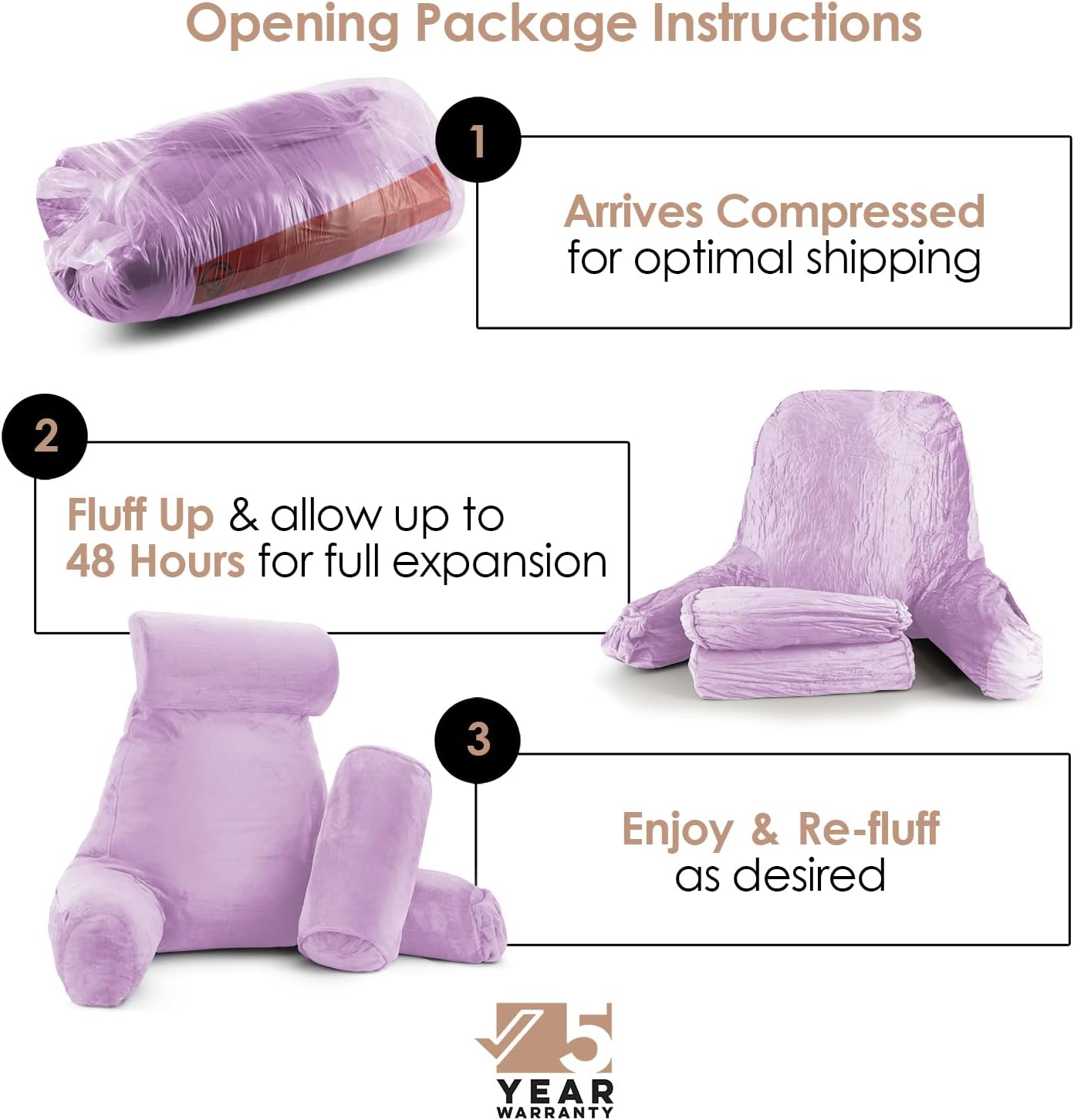 Nestl Reading Pillow with Shredded Memory Foam Includes 2 Neck and Lumber Support Pillows, Designed for Sitting Up in Bed and Couch, Back and Arms Adjustable Support for Adult & Teens, Lavender