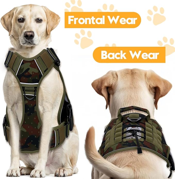 Heavy-Duty Tactical Dog Harness for Large Dogs, No Pull Adjustable Reflective Pet Vest with Molle System, K9 Military-Grade Control for Service Training, Outdoor & 10+ Breeds, Green Camo, Large