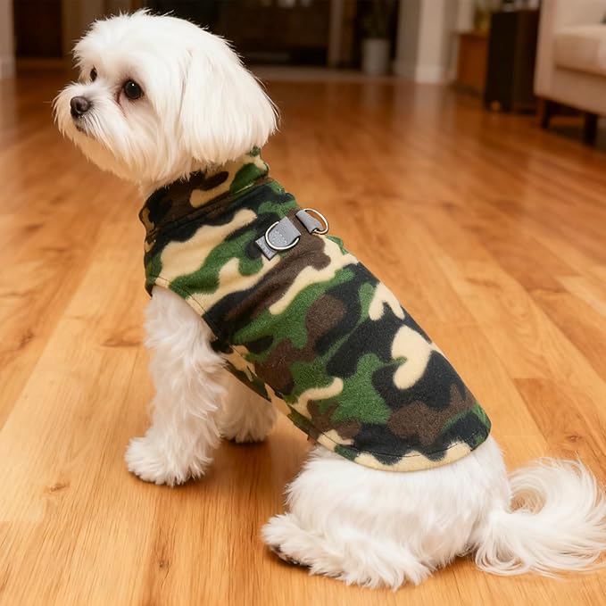 BEAUTYZOO Dog Fleece Vest Sweater Winter Jacket for Small and Medium Dogs with D-Ring Leash Cold Weather Coat Hoodie for XS S M Dogs Boy or Girls, Army Green M