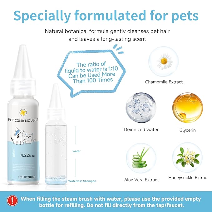 Pet Steam Brush for Dog & Cat - 3-in-1 Steam Grooming Brush for Shedding & Hair Removal - Self Cleaning Spray Comb with Mist for Long Haired Pets - Includes 2*Waterless Shampoo, Blue