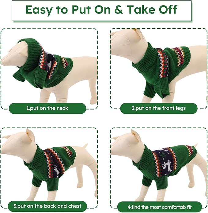 Queenmore Dog Christmas Sweater,Turtleneck Knitted Pullover Xmas Pet Clothes Sweatshirt,Christmas Outfit, Warm Dog Sweaters for Small Dogs Boy Girl,XmasDeer,L