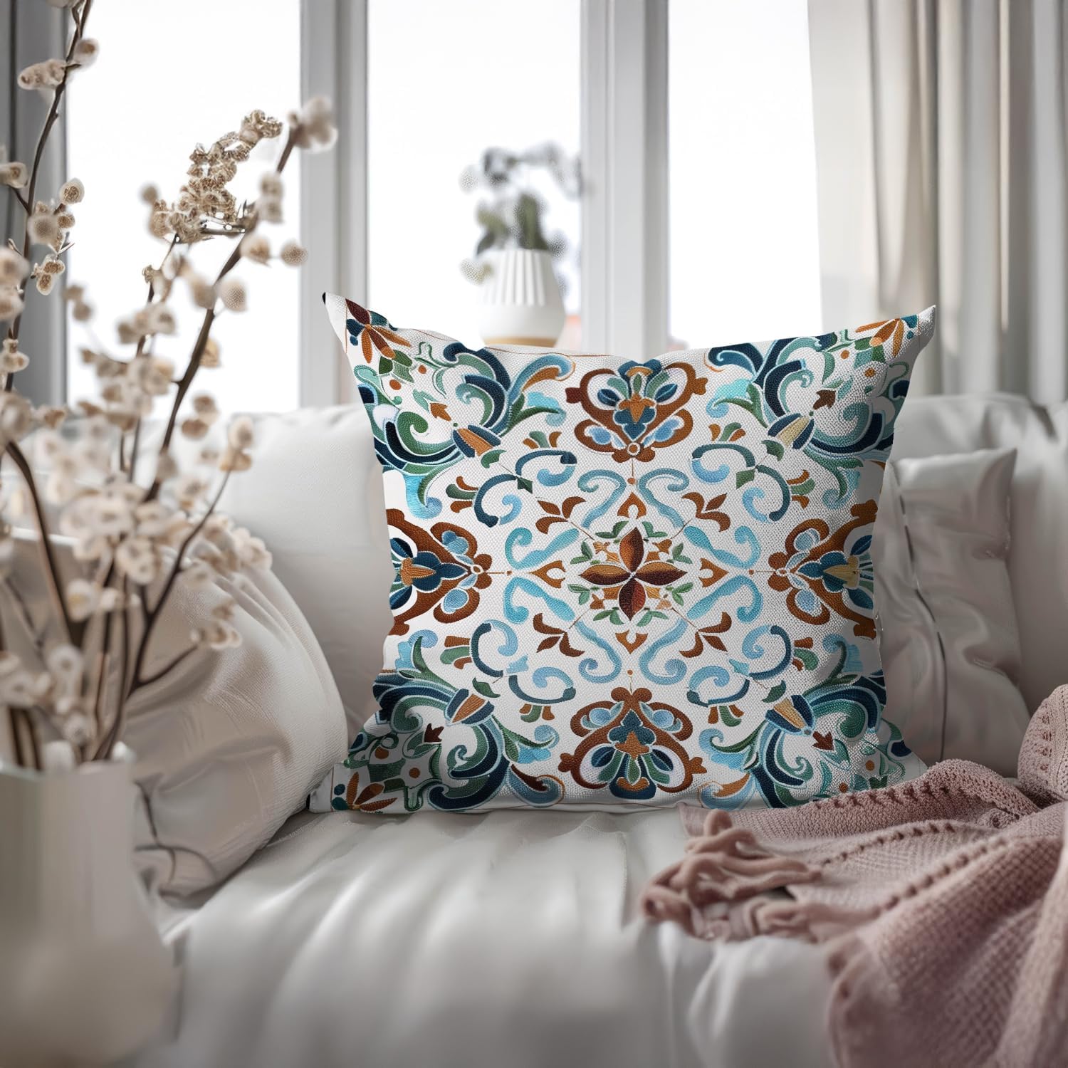 Vintage Boho Floral Print Throw Pillow Cover, Orange, Blue - Retro Rust Floral Decor Pillowcase, Indoor Outdoor Cushion Case for Sofa Couch Bed Living Room Bedroom Home (White&Blue, 18x18inch)