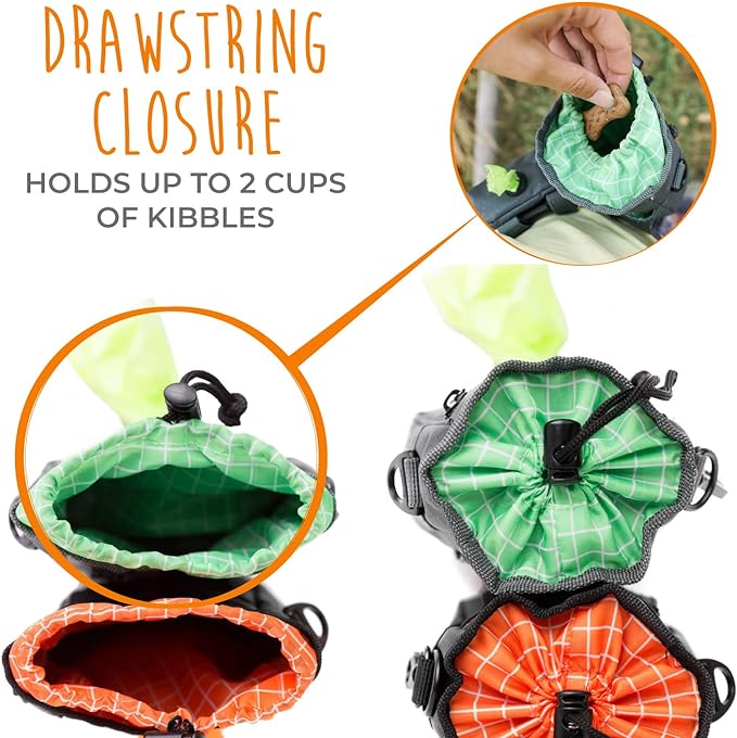 Mighty Paw Dog Treat Bag - Drawstring Closure Pouch - Includes Carabiner Hook and Pick-up Bags - Dog Paw Treat Bag - Pet Training Pouch - (Grey/Green)