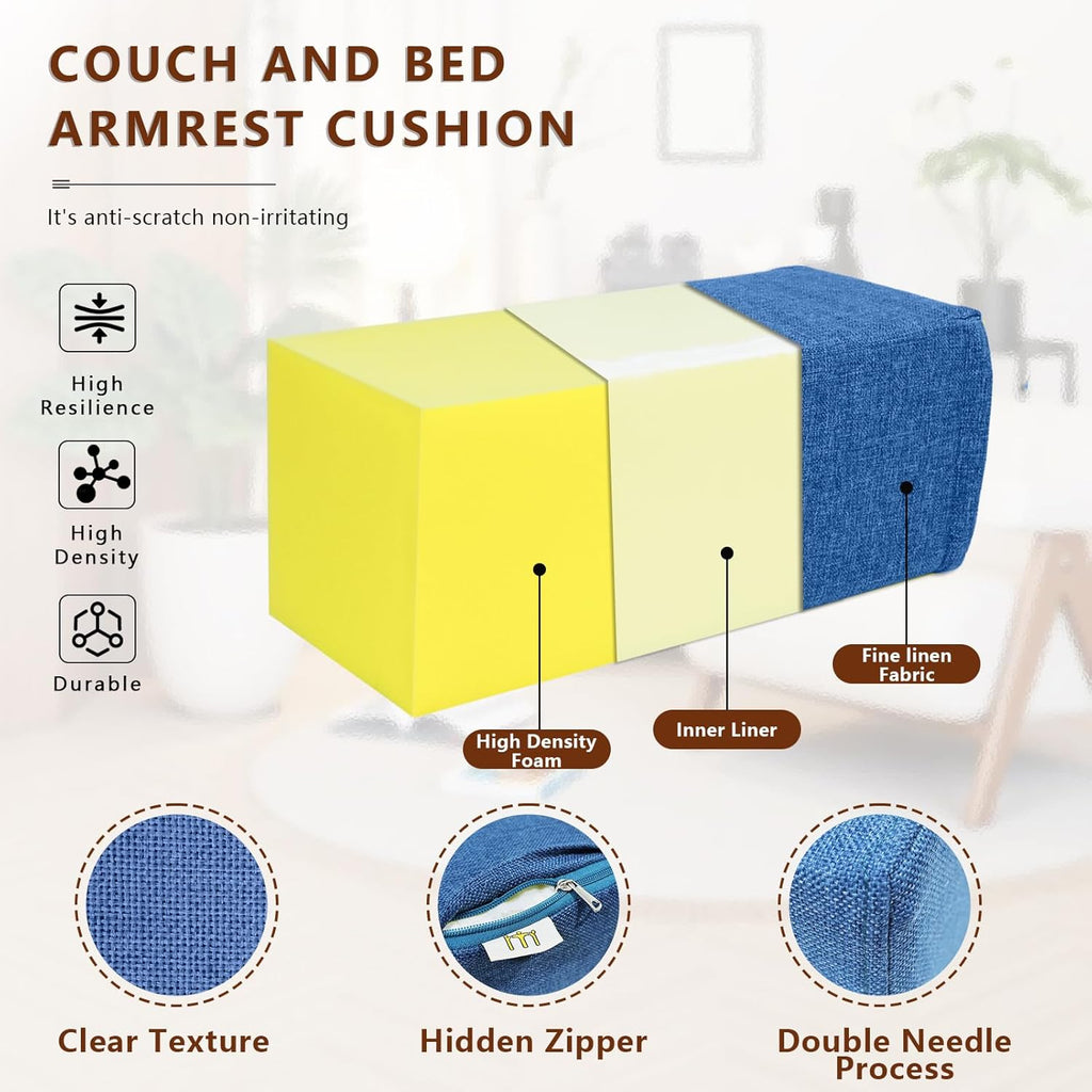 2 Pack Couch Arm Rest Pillow, 8''x8''x20'' Linen Cover, High Density Foam Armrest Cushion, Removable & Washable Elbow Support for Sofa, Bed, and Armchair (Indigo Blue)