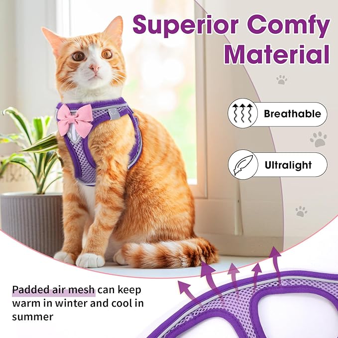 Cat Vest Harness and Leash Set for Walking Escape Proof, Adjustable Kitten Harness Breathable Mesh with Reflective Strips Harness for Kitty Puppy Bunny (Purple, S)