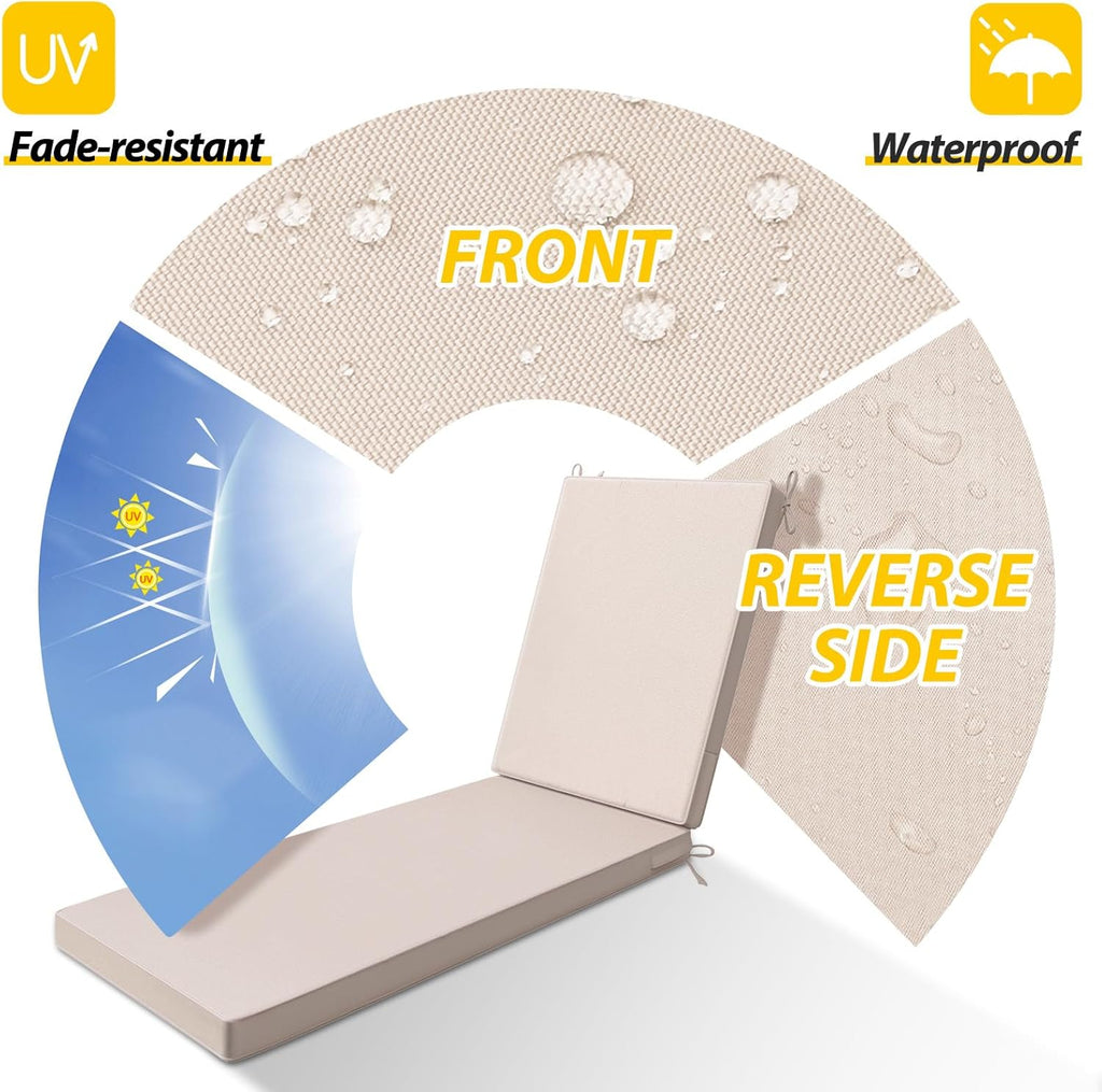 AAAAAcessories Outdoor Chaise Lounge Cushions, Waterproof, Fade-Resistant Patio Furniture Replacement Cushions, 72" x 21" x 3", Khaki Beige