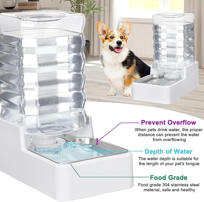 Sfozstra Automatic Dog Water Dispenser: 8L Large Gravity White Waterer with Stainless Steel Bowl - 100% BPA-Free - Suitable for Pet Owners Garden/Apartment