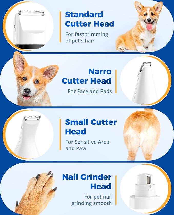 oneisall 4-in-1 Cordless Dog Grooming Kit with 2-Speed Clippers, Low Noise Paw Trimmer & Rechargeable Quiet Nail Grinder for Dogs and Cats (White)
