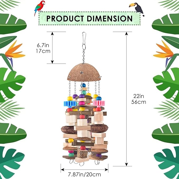 KATUMO Bird Toys, 2PCS Large Wooden Blocks & Coconut Shell Chew Toys for African Grey Cockatoo Amazon Parrots and Medium to Large Birds