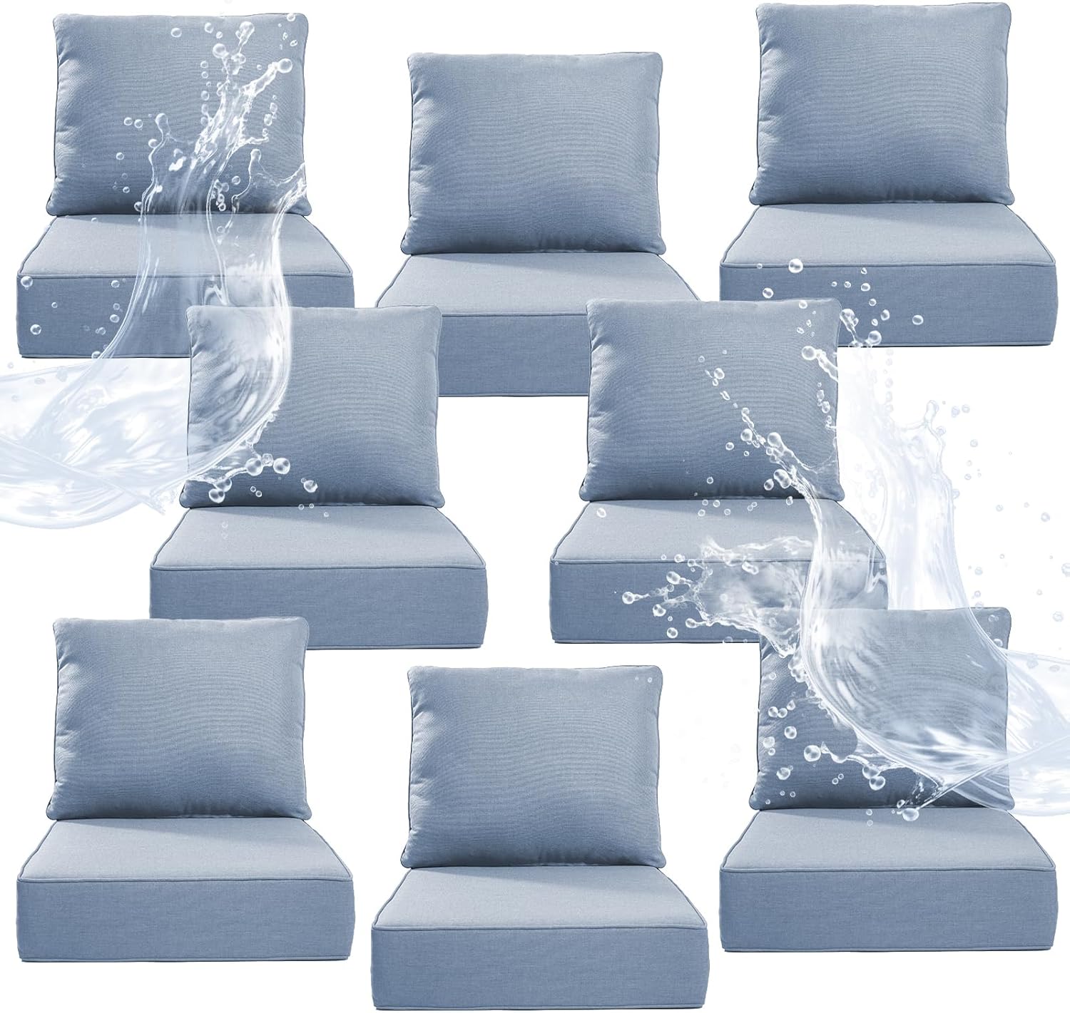 6" Thicker Outdoor Chair Cushion 8 Sets - 24" *24" *6" Waterproof Patio Furniture Cushions with Removable Cover, 28D High Density Sponge Filling Thicken Outdoor Patio Cushions - Baby Blue