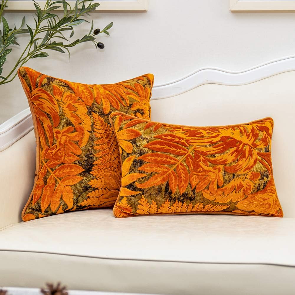 Alerfa 18 x 18 Inch Orange Square Maple Leaf Pillow Embroidery Cut Velvet Cushion Case Luxury Modern Lumbar Throw Pillow Cover Decorative Pillow for Couch Sofa Living Room Bedroom Car