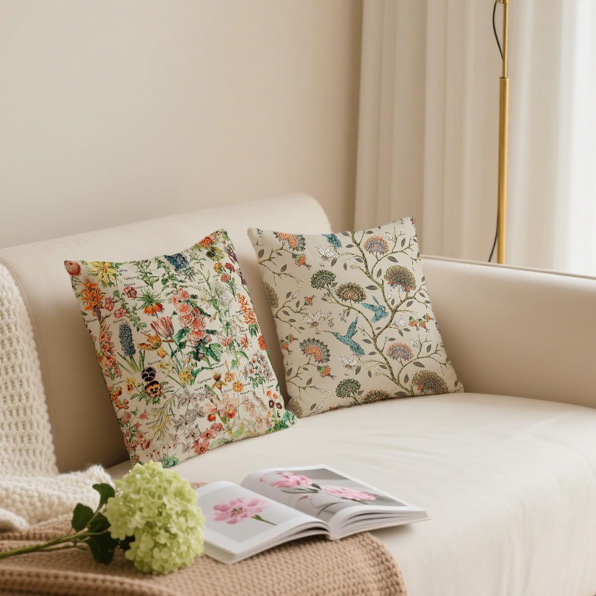 2 Pcs Floral Throw Pillow Cushion Cover, Vintage Garden Plants Herbs Flowers Botanical Classic Design Art, Decorative Square Accent Pillow Case, Gifts for Women Friend Sister Birthday Christmas