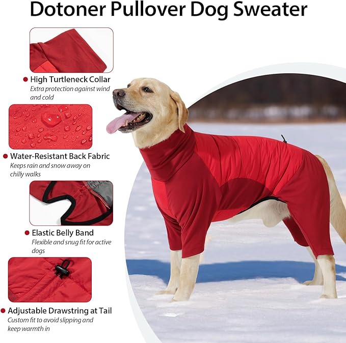 Dotoner Dog Sweater Warm Fleece Pullover Winter Sweatshirt with Turtleneck Leash Opening Waterproof Back Four Leg Cozy Clothes for Medium Large and Small Dogs