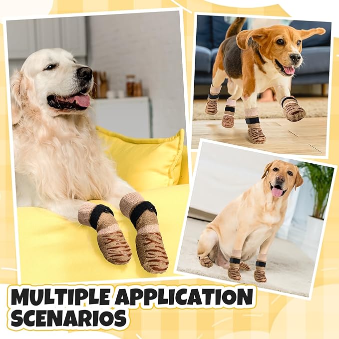 SlowTon Dog Socks with Double-Sided Grippers - 4PCS Dogs Grip Socks for Hot & Cold Pavement or Hard Floors, Non-Slip Paw Traction Protectors for Senior Small Medium Large Dogs(Brown, XL)