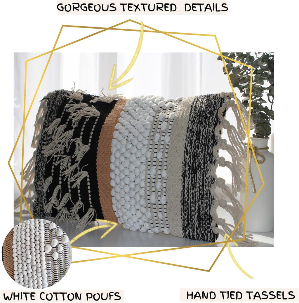 Decorative Boho-Chic Premium Pillow Cover 12x20 Handwoven Tufted Cotton Lumbar Accent Pillows, Neutral Earthly Color Throw Cushion, Farmhouse & Bohemian Home Decor (Limited Edition-Cover Only)