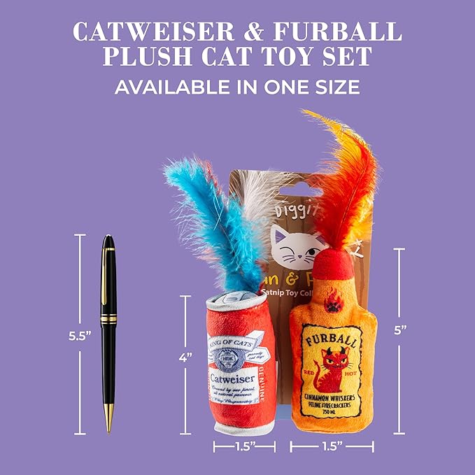 Catweiser + Furball Catnip Toys, Soft Plush Cat Toys Catnip Filled with Interactive Crackle Sound & Feathers, Safe & Durable Toy for Cats & Kitten, 2 Pcs