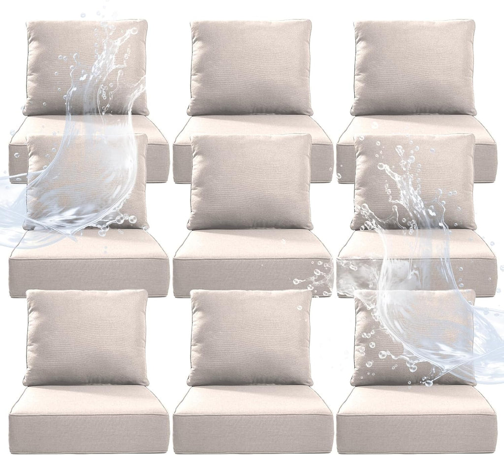 6" Thicker Outdoor Chair Cushion 9 Sets - 24" *24" *6" Waterproof Patio Furniture Cushions with Removable Cover, 28D High Density Sponge Filling Thicken Outdoor Patio Cushions - Beige