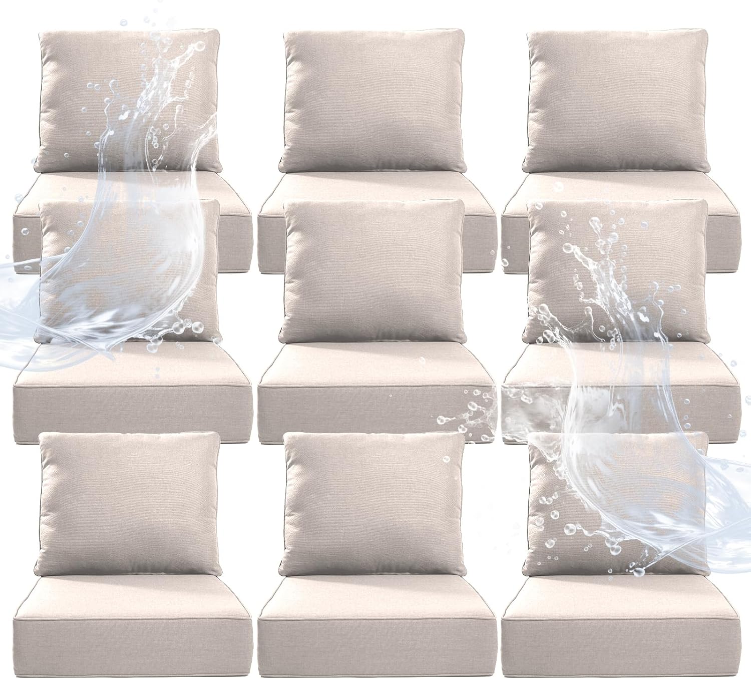 6" Thicker Outdoor Chair Cushion 9 Sets - 24" *24" *6" Waterproof Patio Furniture Cushions with Removable Cover, 28D High Density Sponge Filling Thicken Outdoor Patio Cushions - Beige