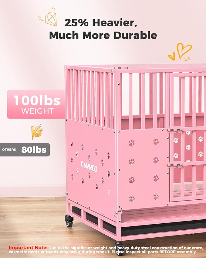 48'' Heavy Duty Dog Crate for Large Dogs, – Upgraded Chew-Proof Panels, Comfort-Widened Floor Panel, Dog Kennel Indoor, Adjustable Internal Height, Easy-Access Wide Door, 4 Lockable Wheels