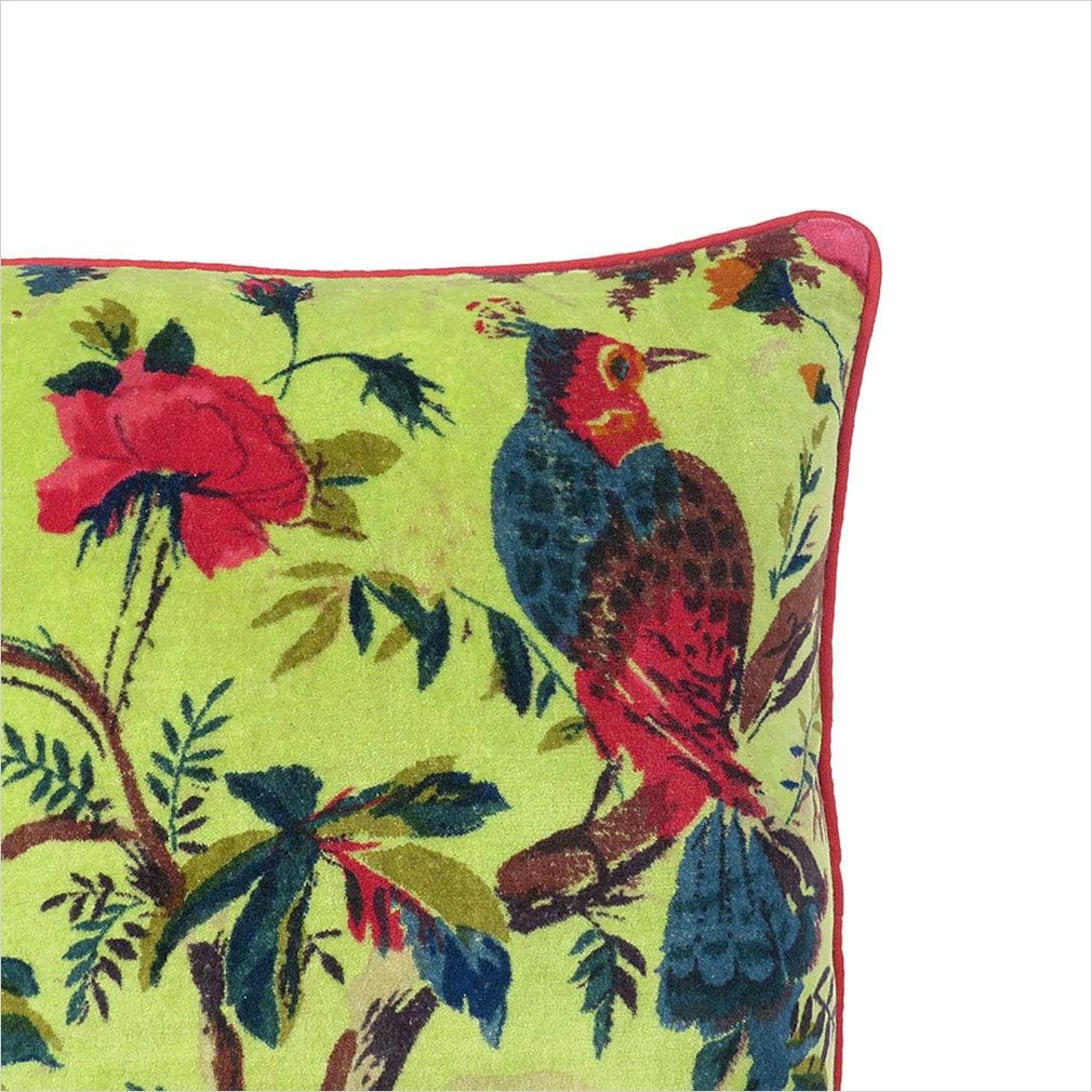 Eyes of India Velvet Floral Flower Bird Throw Pillow Sofa Cushion Cover Case Couch Colorful Boho Chic Bohemian Accent Indian Handmade (Light Green, 16" x 16")