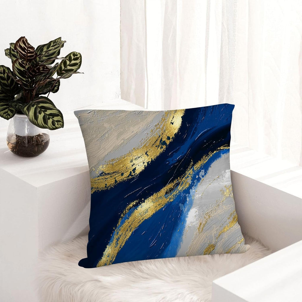 Navy Blue and Gold Throw Pillow Covers 18x18 Inches Set of 4, Modern Decorative Abstract Oil Painting Pillow Cover for Sofa Bed Chair Office Bedroom Livingroom Couch Dark Blue and Gold Decor