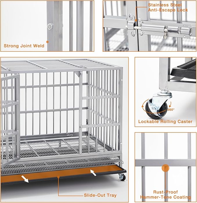 48 Inch Heavy Duty Dog Crate Cage Kennel with Wheels, Indestructible High Anxiety Dog Crate, Sturdy Locks Design, Double Door and Removable Tray Design, Extra Large XL XXL Dog Crate