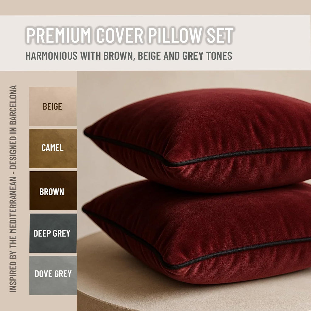 2 Pack Velvet Decorative Throw Pillow Covers, 20"x20", Burgundy, Solid, Modern, Contrast Piping, Indoor Use, Bedroom & Living Room
