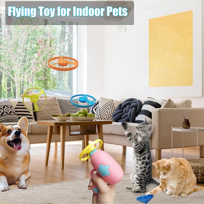 Cat Fetch Toys, Interactive Flying Cat Toy with 20 Flying Propellers, Dog Cat Pet Tracks Chasing Toy for Indoor,Outdoor Cats (Yellow)