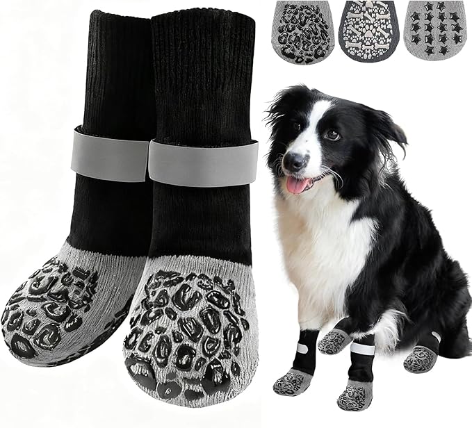 HeavenEye Dog Socks for Hardwood Floors, Anti Slip Dog Paw Protectors Shoes, Maximum Grip Prevent Licking Paws Slipping Hot Cold Pavement Boots for Small Medium Large Senior Dogs(Black Leopard, XL)