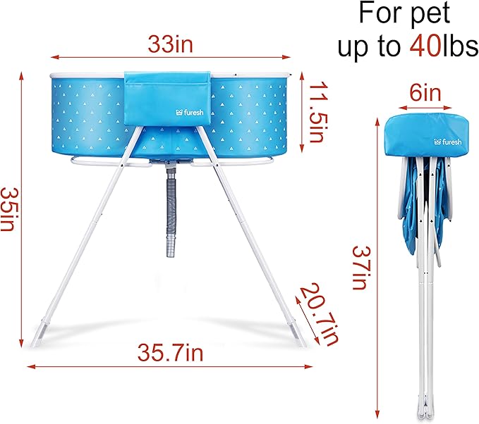 Furesh Little Dipper Dog Bath Tub and Wash Station for Bathing Shower and Grooming, Elevated Foldable and Portable, Indoor and Outdoor, for Small and Medium Size Dogs, Cats and Other Pet (Blue)