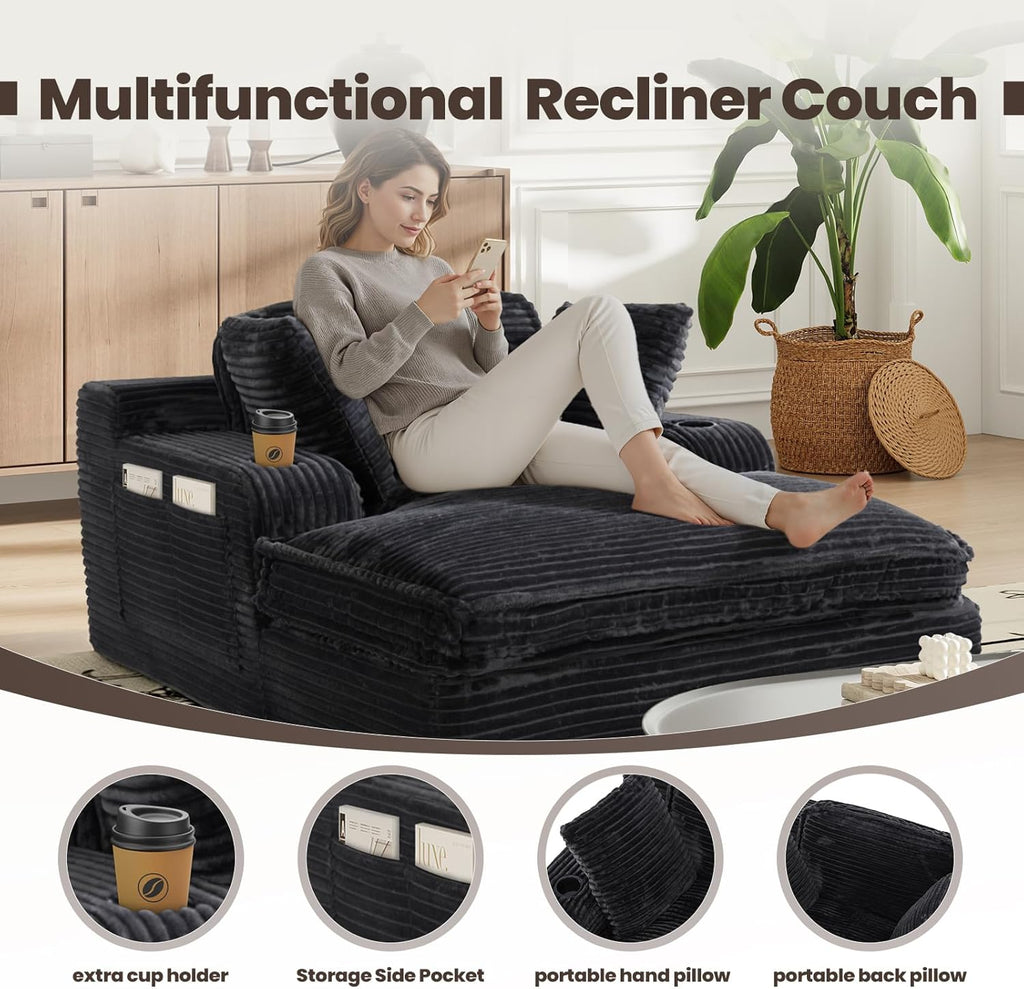 67" Chaise Lounge Chair Indoor, Cozy Oversized Fluffy Sofa with Cup Holders & Throw Pillows, Boneless Sleeper Cloud Couch for Living Room, Movie Room and Apartments, Black