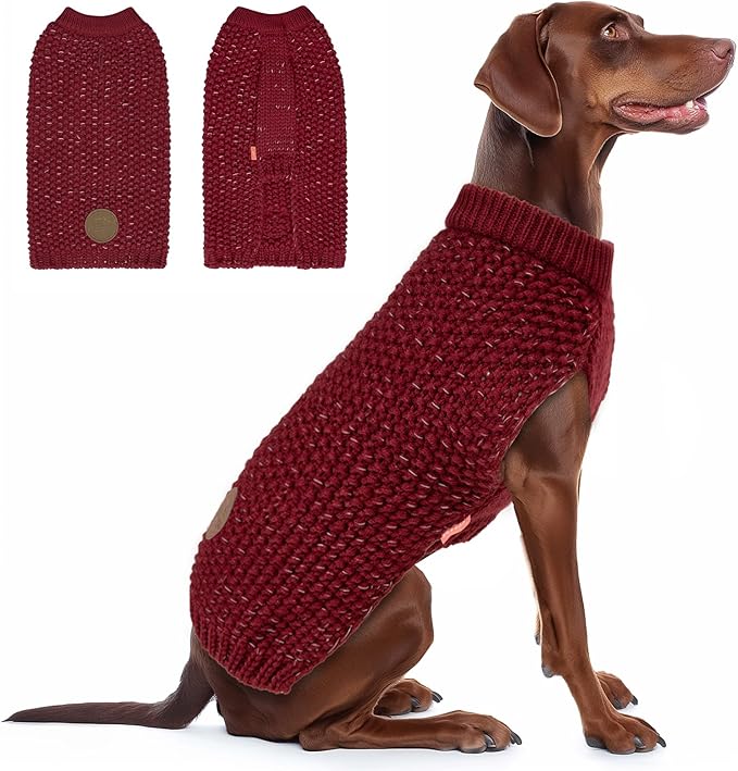 KYEESE Dog Sweater for Large Dogs with Leash Hole Warm Pullover with Reflective Yarn Male Thick Stretchy Knitwear Winter Soft Pet Coat boy for Cold Weather Comfy Dog Sweaters, Dark Red,XXX-Large