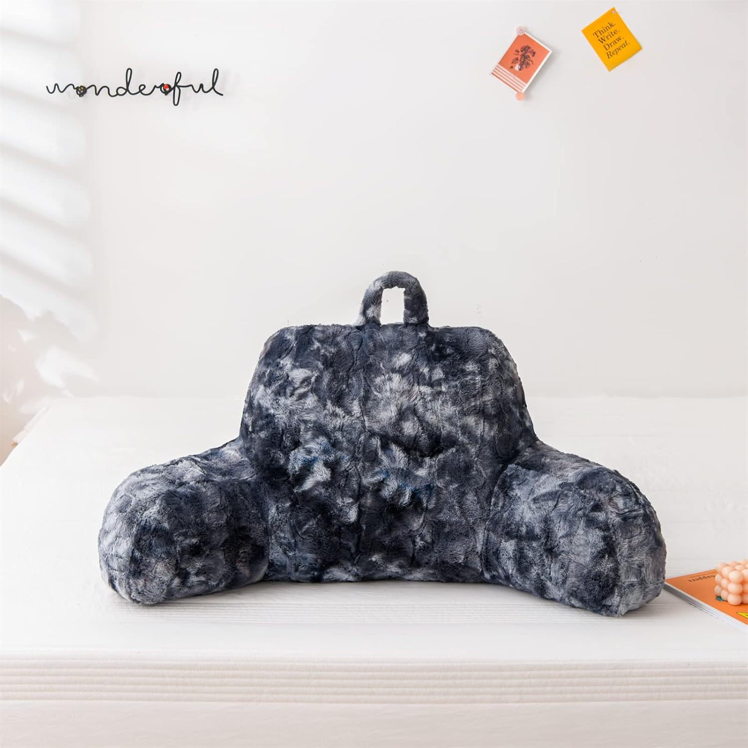 A Nice Night Faux Fur Reading Pillow Bed Wedge Large Adult Children Backrest with Arms Back Support for Sitting Up in Bed/Couch for Bedrest,Tie Dyed Gray