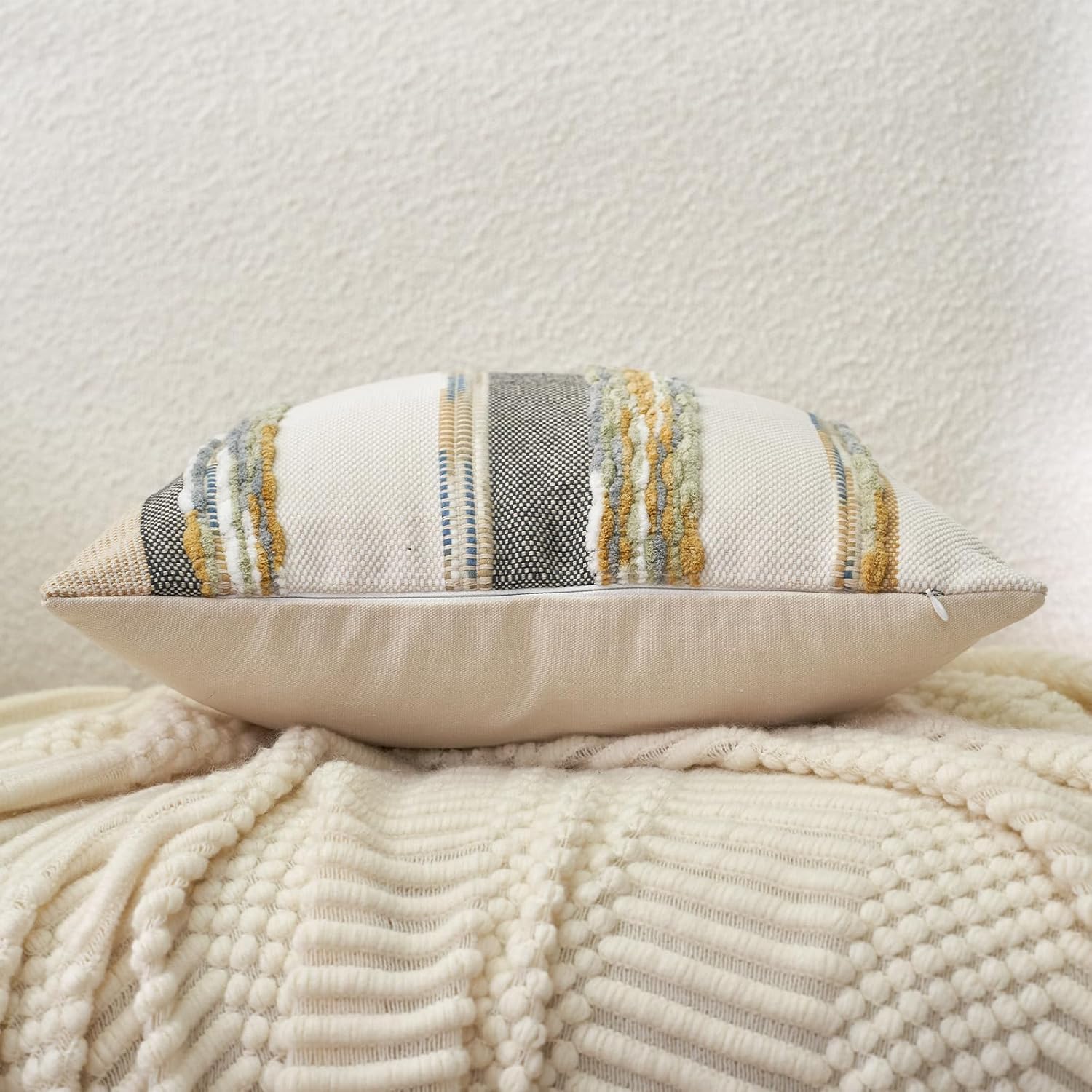 Aeckself Boho Throw Pillow Covers 18x18 Inch Set of 2, Farmhouse Decorative Striped Square Pillow Covers Chenille Tufted Pillow Cases Accent Neutral Pillowcase for Living Room Couch Bed, Yellow-Gray