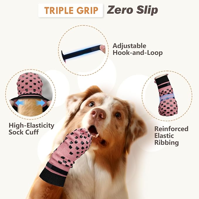 Non Slip Dog Socks to Prevent Licking Paws Grippy Socks for Senior Dog on Hardwood Floors Anti Slip Dog Socks for Hot Pavement Double Side Paw Protector Prevent Scratching Pink XXL