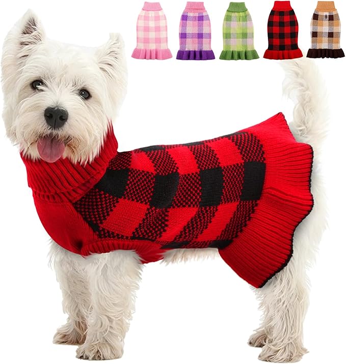 Dog Sweater Dress Plaid Knitwear for Small Medium Dogs Warm Puppy Pet Turtleneck Stretch Pullover Cute Fall Winter Vest Clothes with Leash Hole for Christmas (Red, M)