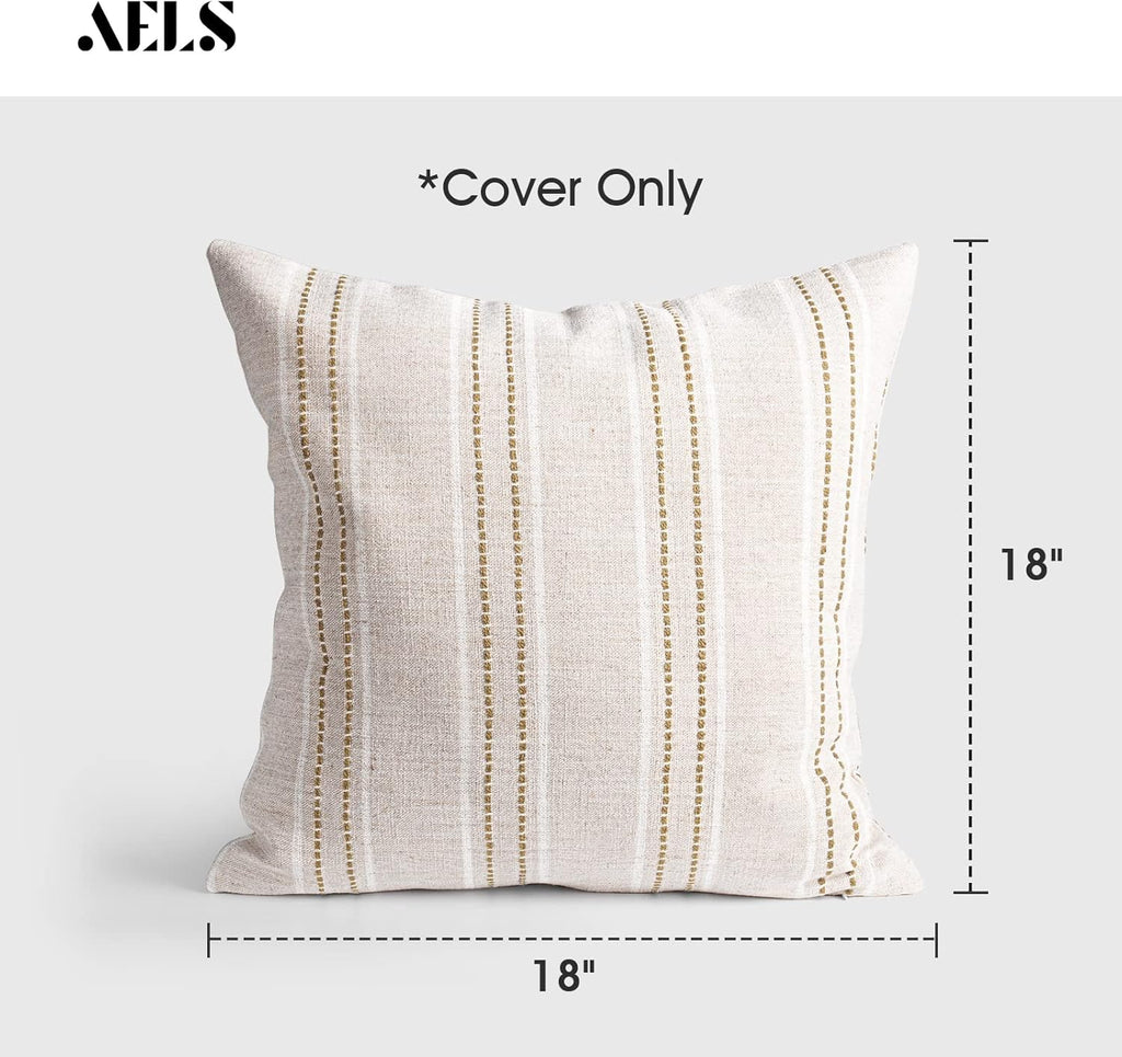 AELS 18x18 Decorative Farmhouse Linen Throw Pillow Covers, Boho Textured Pillow Case, Set of 2, Beige with White & Brown Stitch Yarn Dyed Stripe Cushion Cover for Sofa Couch Living Room (Cover ONLY)