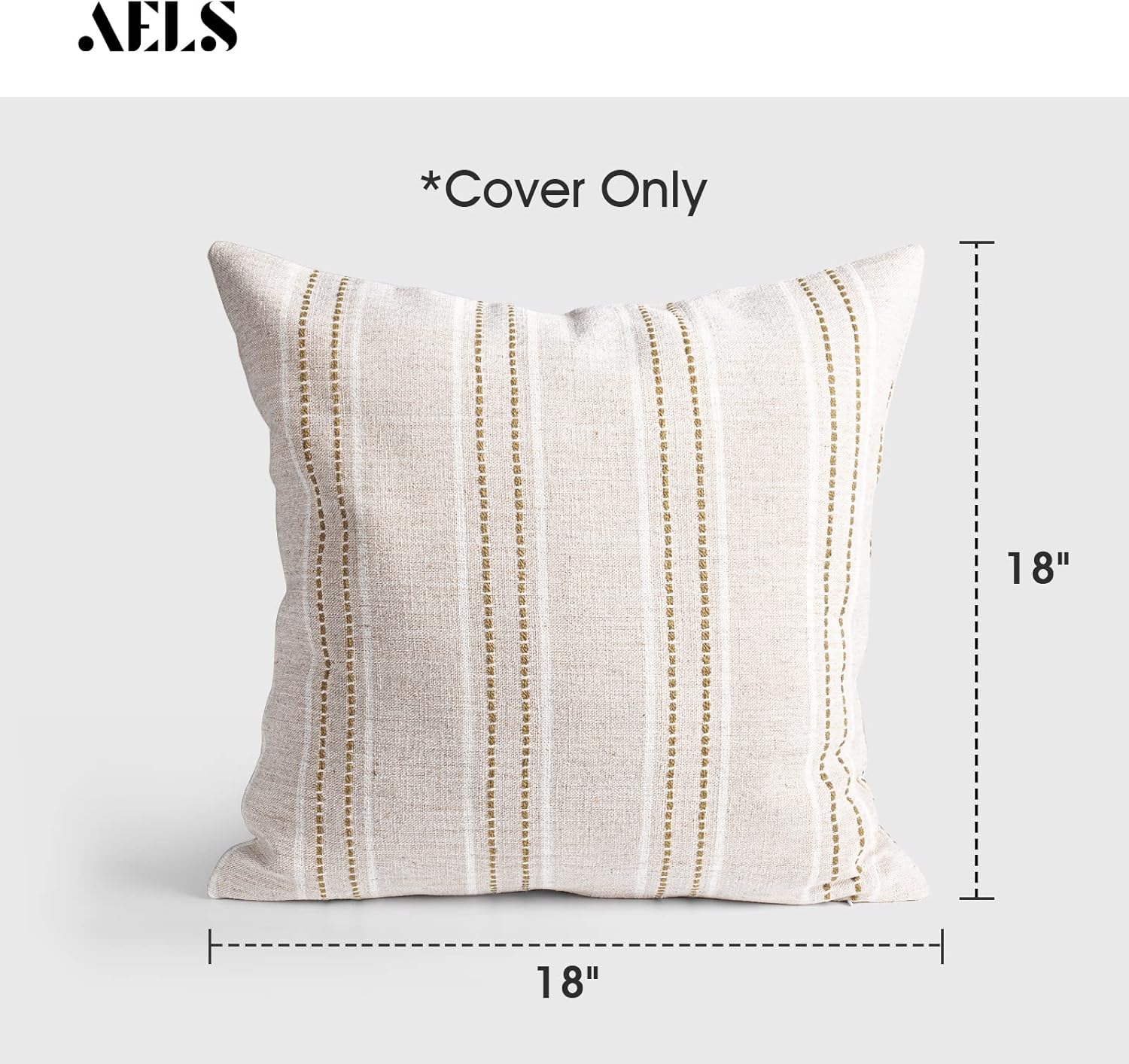 AELS 18x18 Decorative Farmhouse Linen Throw Pillow Covers, Boho Textured Pillow Case, Set of 2, Beige with White & Brown Stitch Yarn Dyed Stripe Cushion Cover for Sofa Couch Living Room (Cover ONLY)