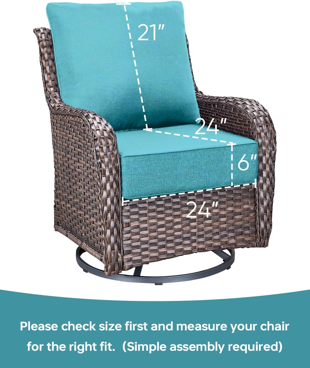 Luxury 24x24x6 Inch Outdoor Cushions - Water&UV&Fade Resistant 1 Set Zippered Patio Chair Cushion for Wicker Dining Rocking Swivel Chairs Loveseat Couch Sectional Sofa - Turquoise