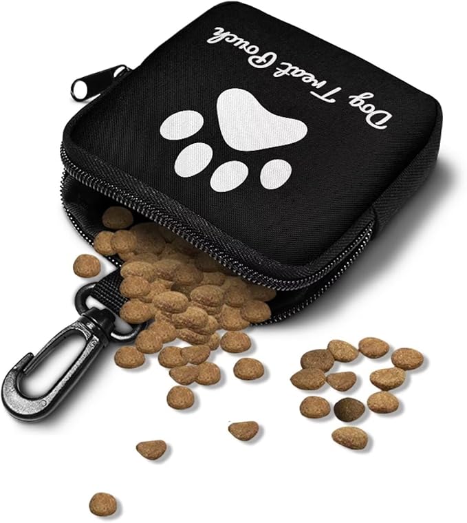 KEIAHUAN Dog Paw Print Dog Treat Pouch for Pet Walking and Training with Clip, Small Training Bag Portable Dogs Treat Bag Pet Snack Bags for Puppy, Black
