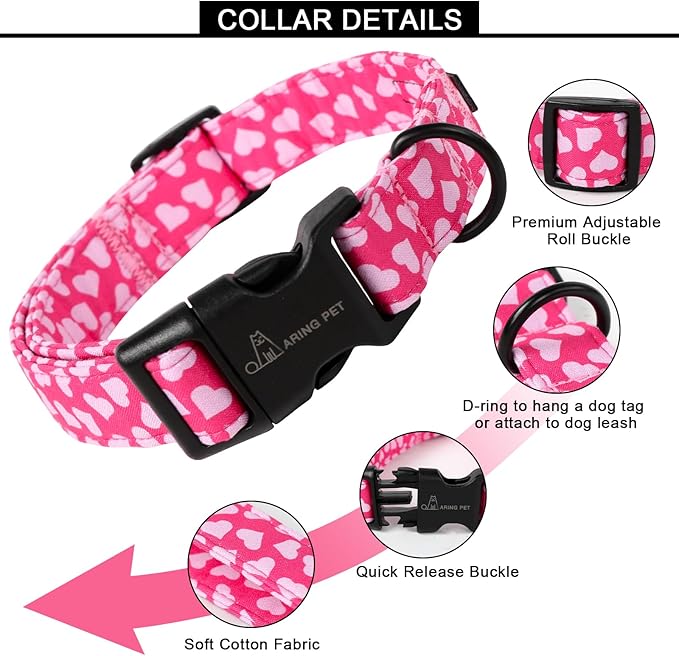 ARING PET Valentine's Day Dog Collar-Cotton Pink Heart Dog Collars, Adjustable Valentine Heart Pet Collars Puppy Collar with Quick Release Buckle for Girl&Boy Dogs