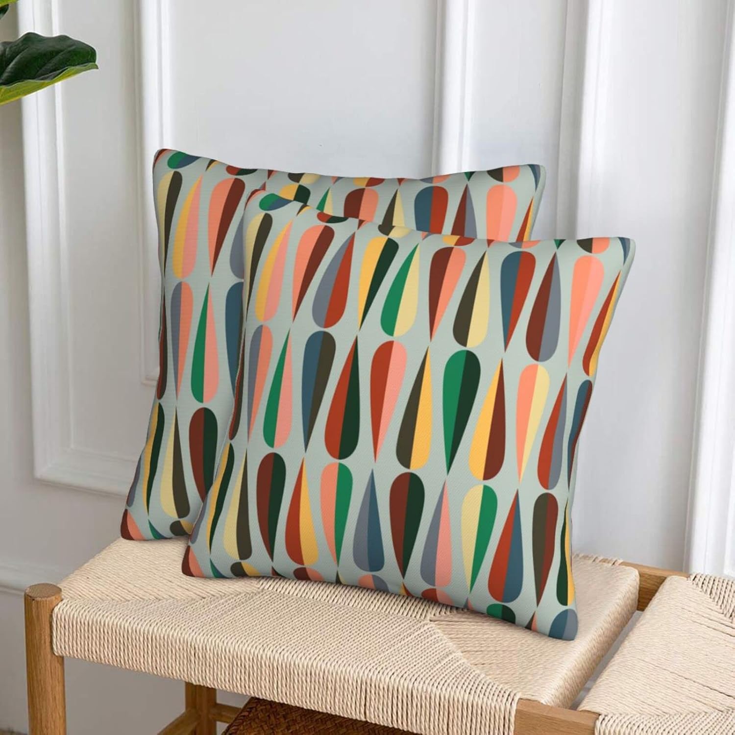 bassyil Mid Century Retro Drop Throw Pillow Covers Decorative Linen Pillow Cases Set of 2 Square Cushion Cover for Couch Sofa Bedroom Patio 18x18 Inch