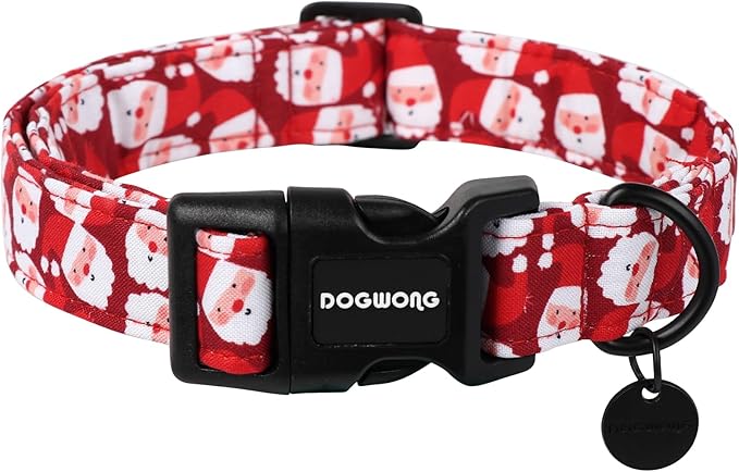 DOGWONG Christmas Cotton Dog Collar, Red Santa Claus Dog Collar Durable Holiday Pet Dog Collars Cute Puppy Necklace for Small Medium Large Dogs，L
