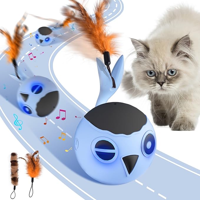 ORSDA Cat Toys, Interactive Cat Toy for Indoor Cats, Automatic Moving Ball Bird for Indoor Adult Cats Kitten Toys All Breeds, Fast Rolling Motion Activated Chirping Stimulating Light, 2 Feather Refill