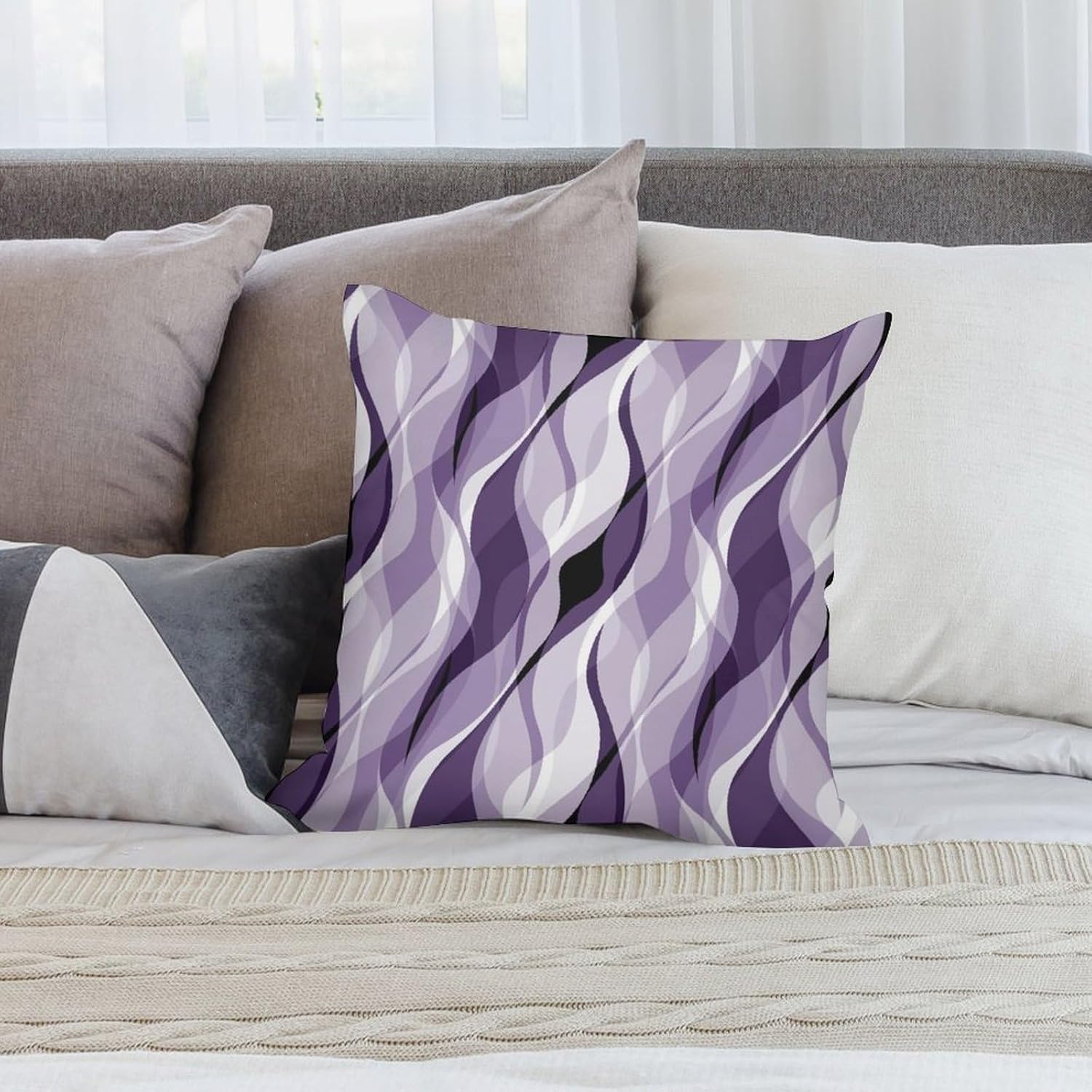 Purple Throw Pillow Covers Modern Abstract Purple and Grey Striped Decorations for Bedroom Living Room Farmhouse Sofa Pillows Bed Couch 18x18 Inch