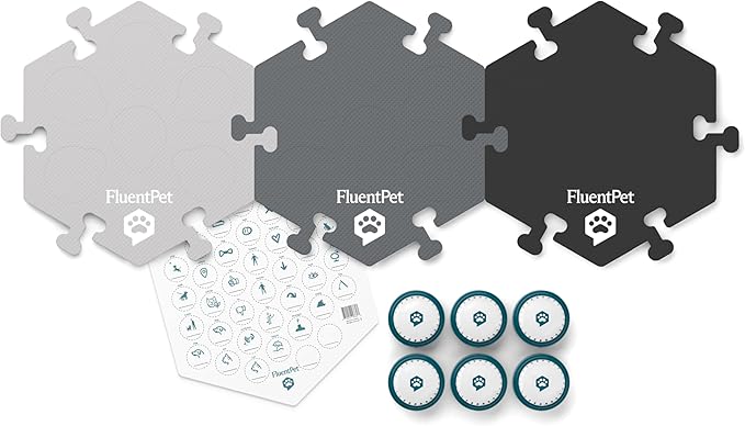 FluentPet Speak Up! Get Started Kit with Clearer Upward-Facing Sound - 6 Recordable Buttons for Dogs & 3 Grey HexTiles | Dog & Cat Communication Buttons Set | with Batteries