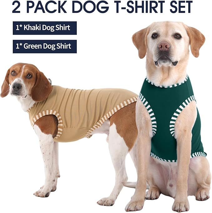 IECOii 2 Pack Large Dog T-Shirt | Non-Restrictive Fit for Running, Breathable Summer Wear - Non-stuffy Design - Keeps Pups Comfortable in Hot Weather, Khaki+Green, 2XL